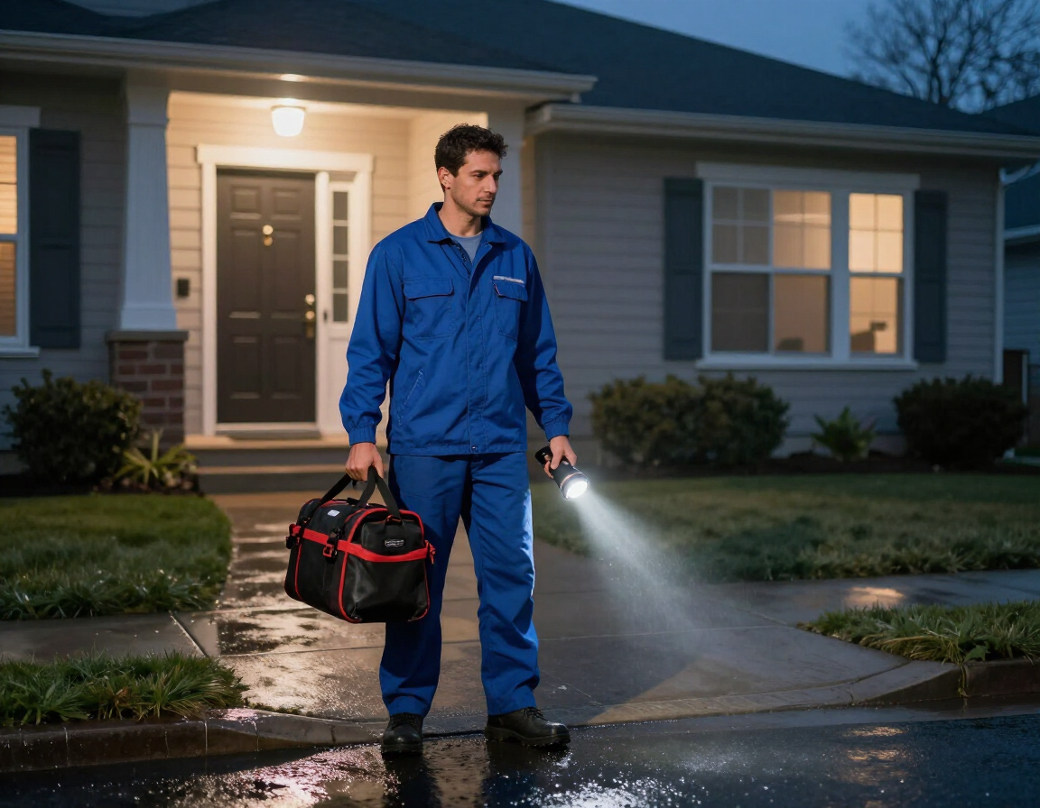 A service worker in a blue uniform holds a tool bag and a flashlight, shining a beam of light on a suburban street at dusk.