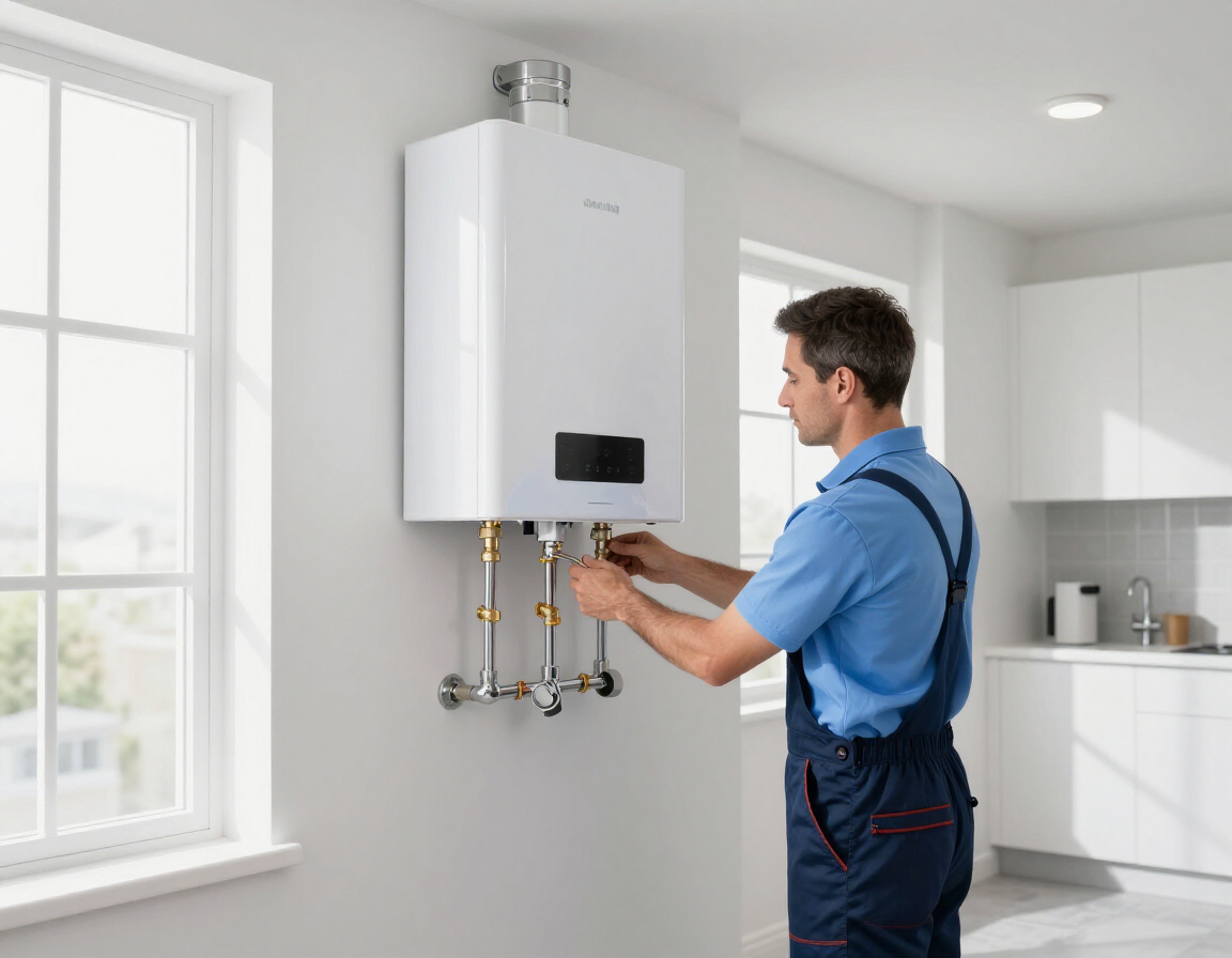 A technician in blue workwear installs or services a white wall-mounted boiler in a bright, modern kitchen.