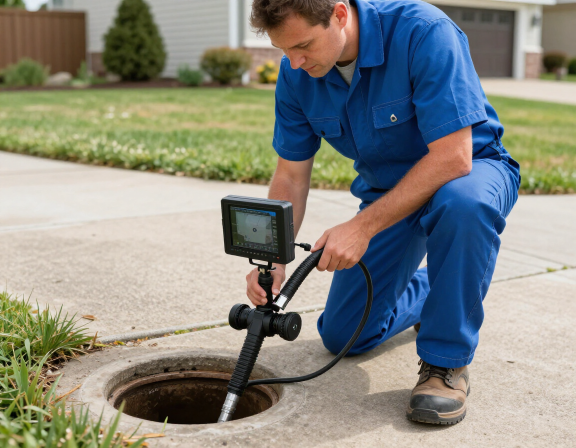 A technician in a blue uniform uses a sewer inspection camera to examine a drainpipe in a residential driveway.
