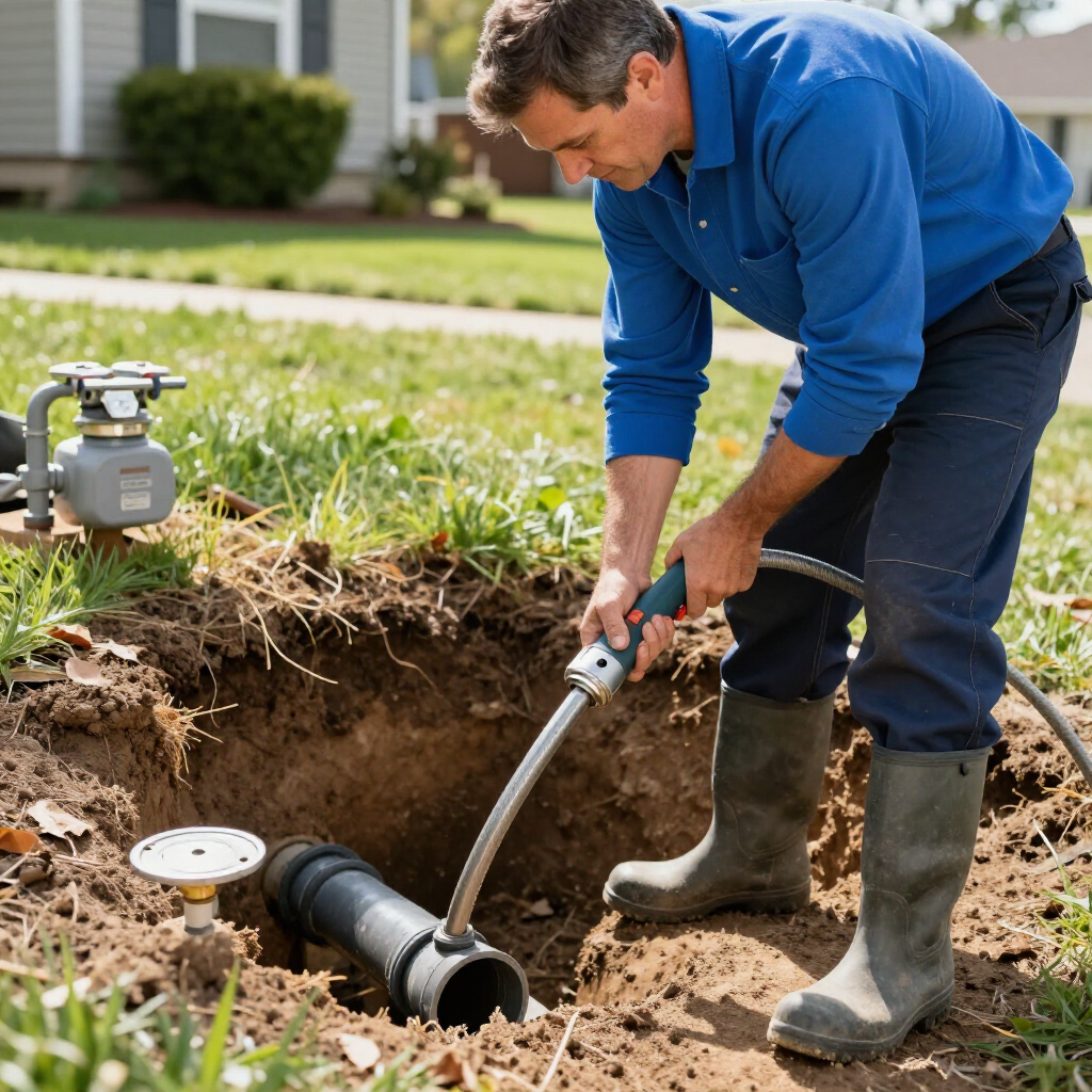 A person in a blue shirt and rubber boots works on a buried pipe in an outdoor residential yard.