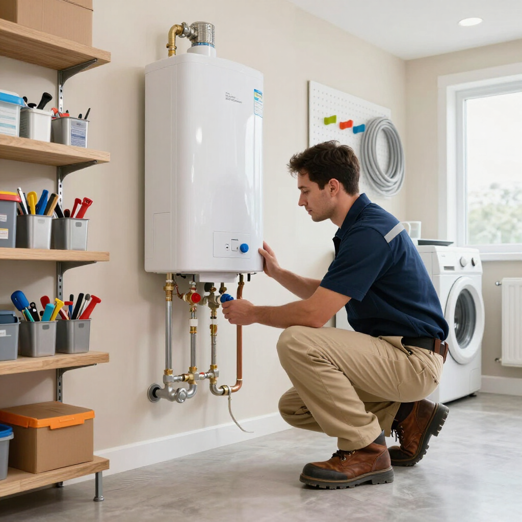 A technician kneels to install or service a white, wall-mounted tankless water heater in a laundry room.