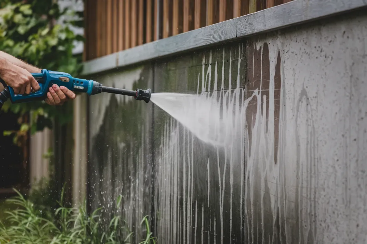 A person is using a high pressure washer to clean a concrete wall.