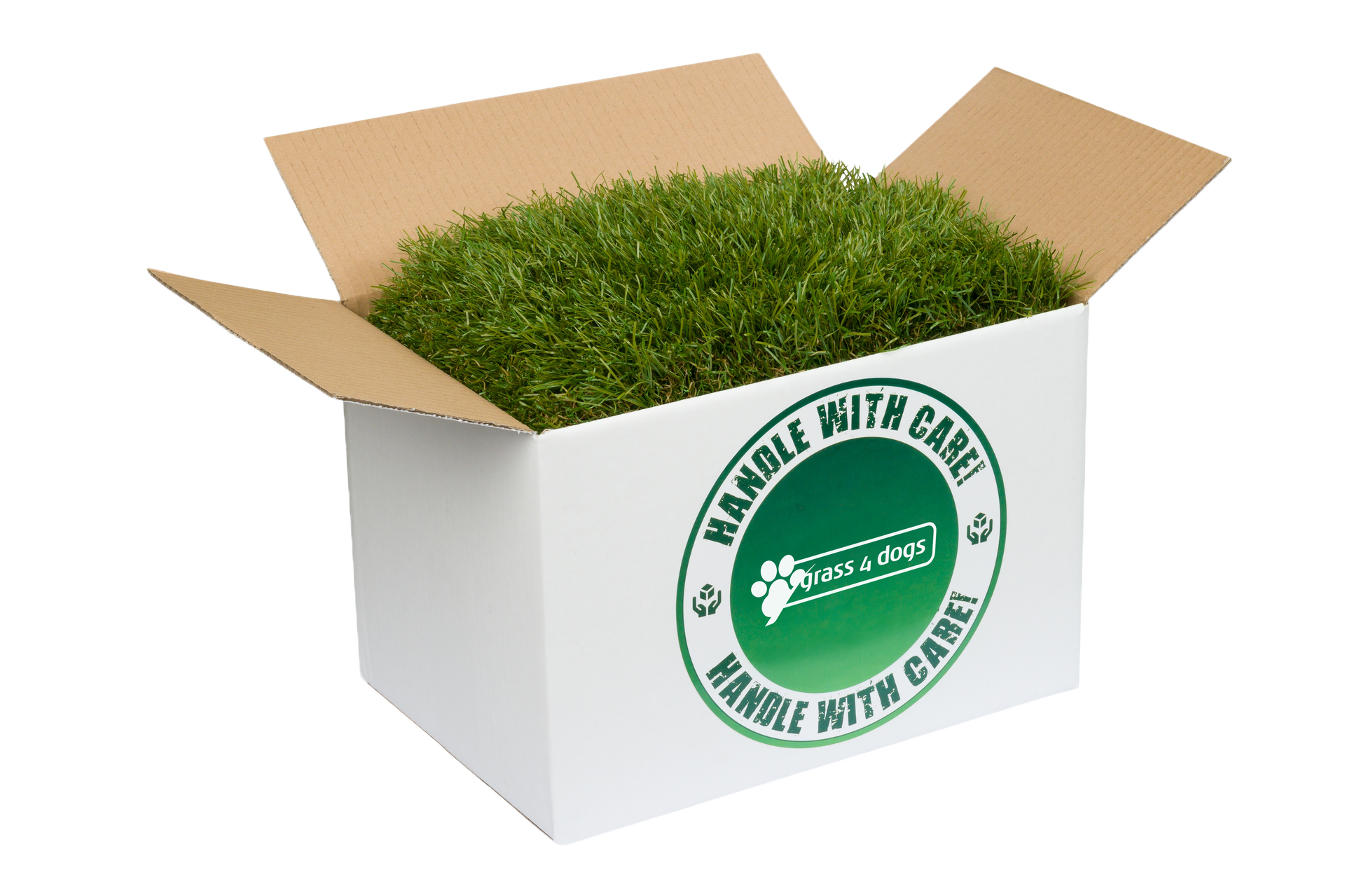 A cardboard box filled with green grass that says handle with care