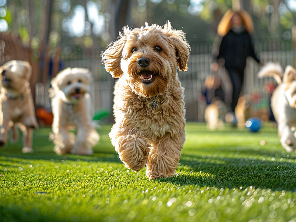 A small dog laying on the grass with a pet friendly logo in the corner