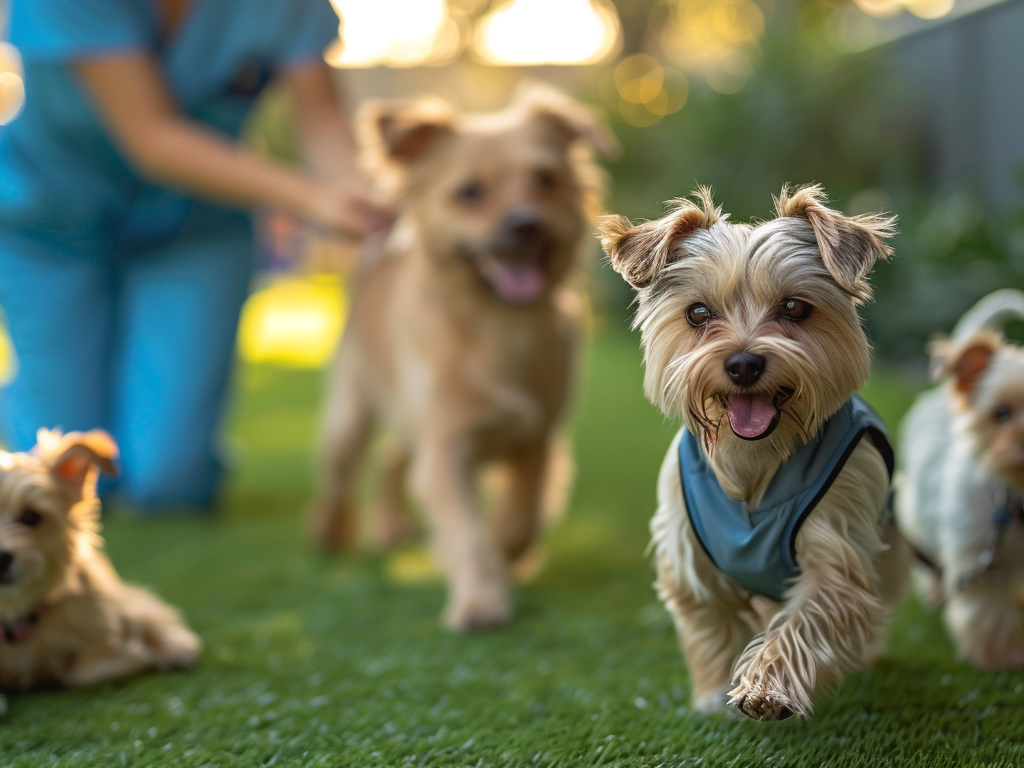 A small dog laying on the grass with a pet friendly logo in the corner