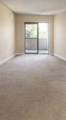 Empty room with beige walls and light gray carpet, leading to a sliding glass door opening onto a balcony.