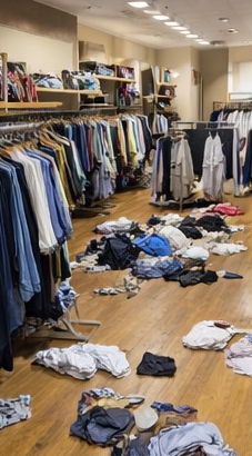 A retail clothing store with wooden floors, showing clothing racks and many garments scattered across the floor.
