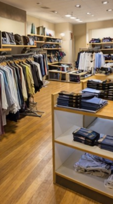 Retail clothing store with racks of shirts, folded denim on wooden shelves, and bright overhead lighting.