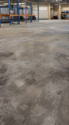 A large warehouse interior featuring a worn concrete floor with blue industrial shelving racks in the background.