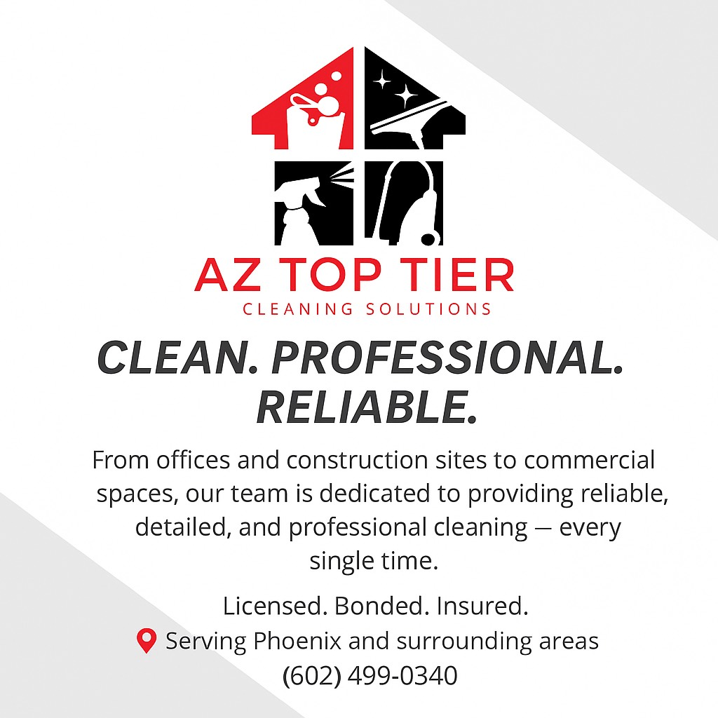 AZ Top Tier cleaning solutions ad: House icon with cleaning supplies,