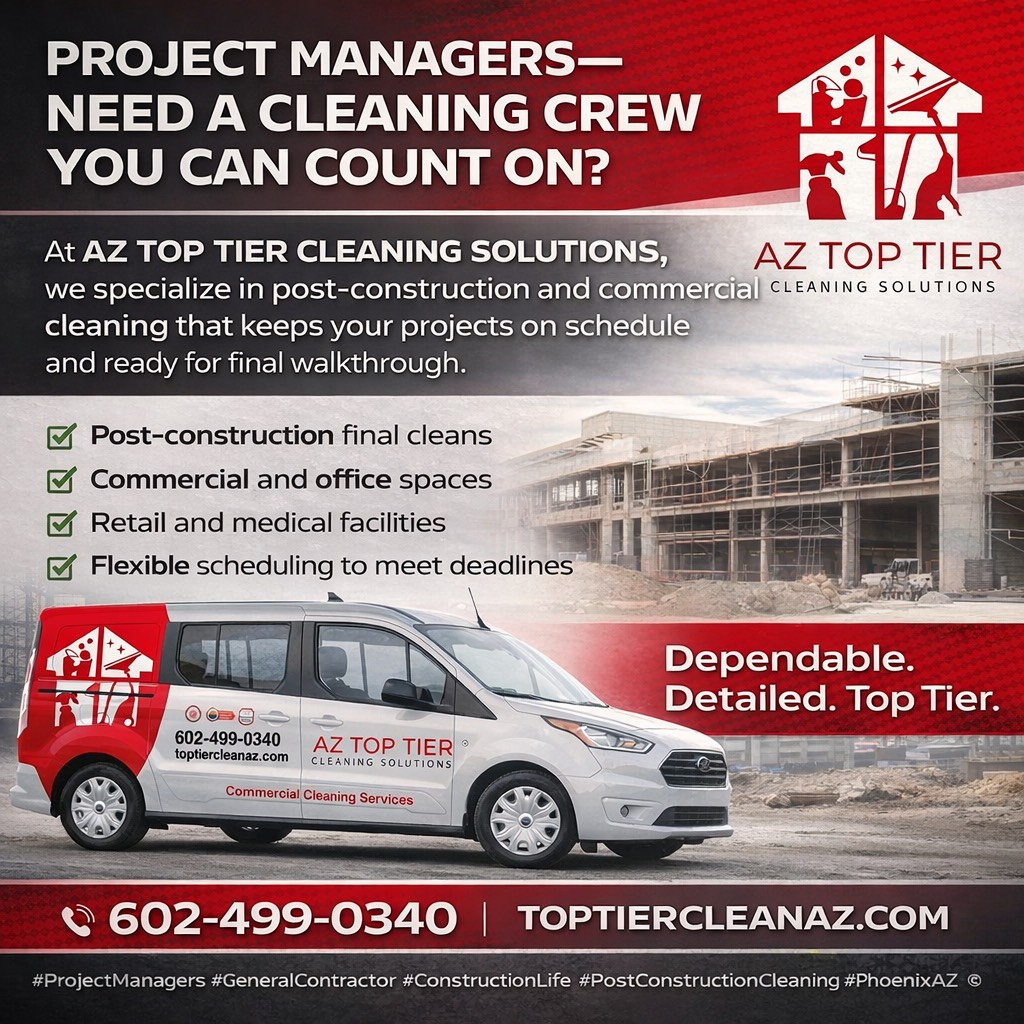 Advertisement for AZ Top Tier Cleaning Solutions. It features a van, a building under construction, and services offered.