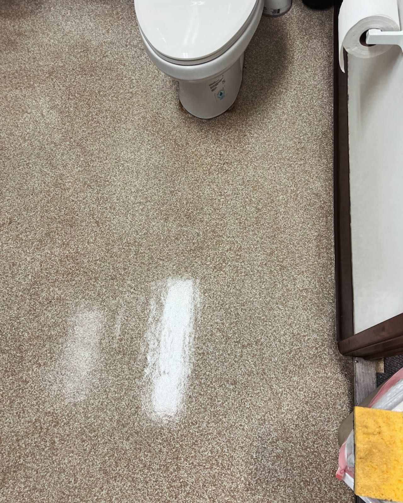 Toilet and part of a wall with carpeted floor. White powder stain on the carpet.