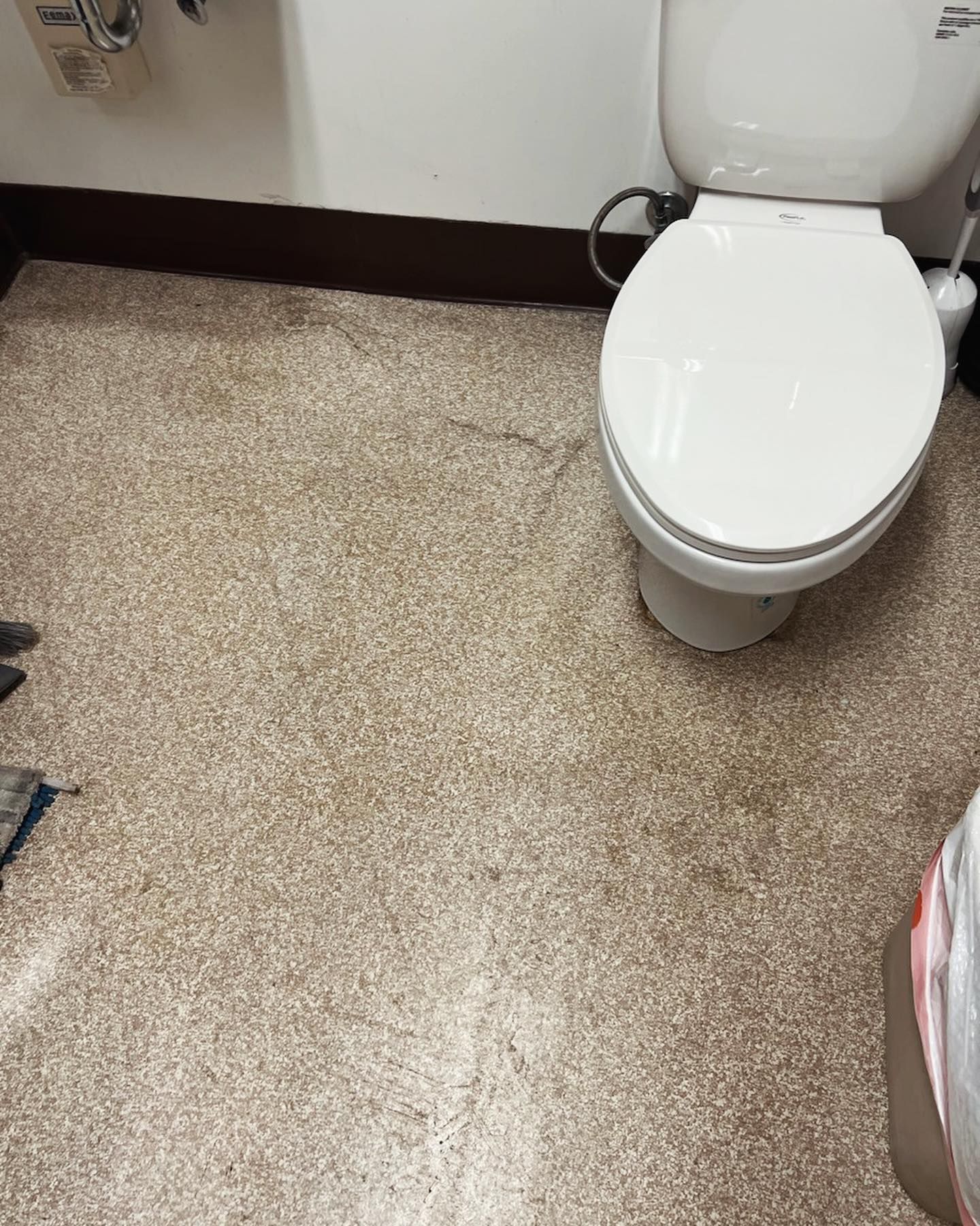 Toilet and speckled floor in a bathroom; some areas of the floor appear stained.