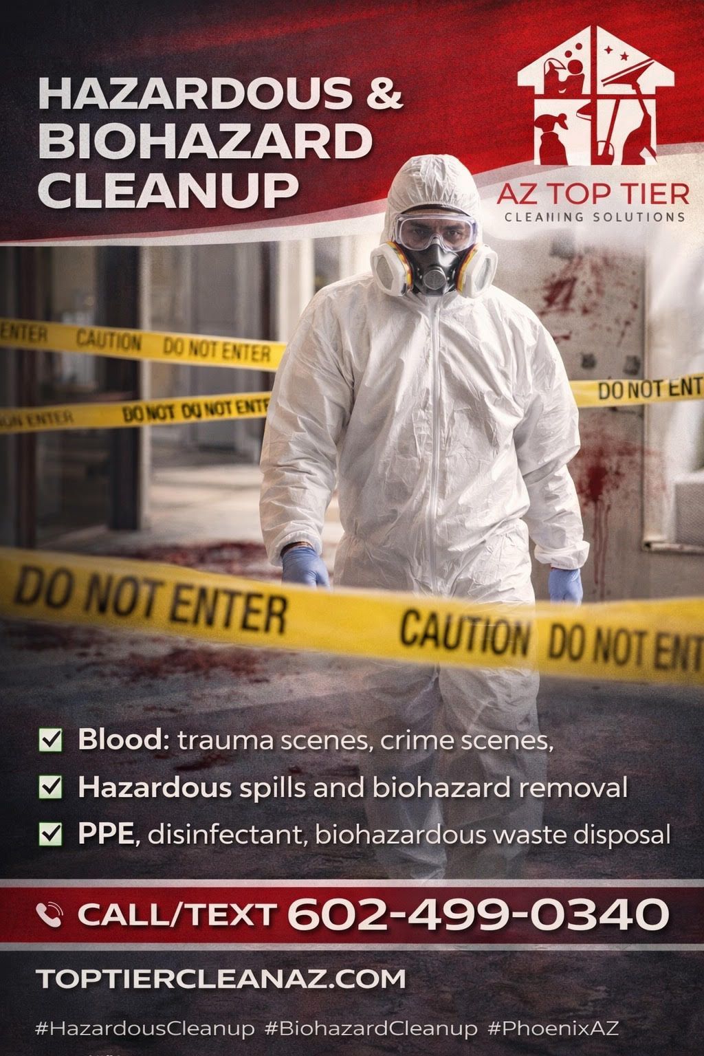 Advertisement for hazardous and biohazard cleanup.