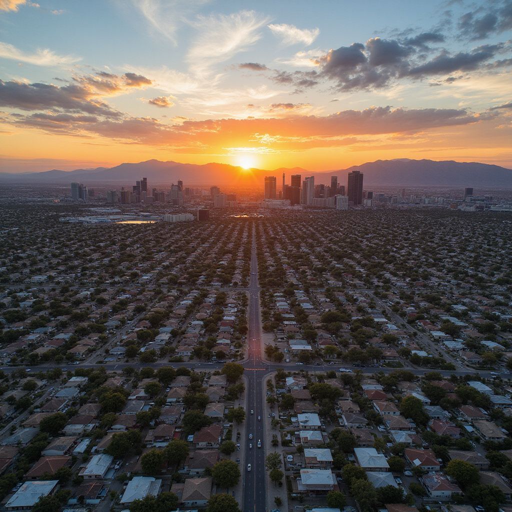 Aerial view of Phoenix cityscape at sunset; rows of houses stretch to downtown skyline.