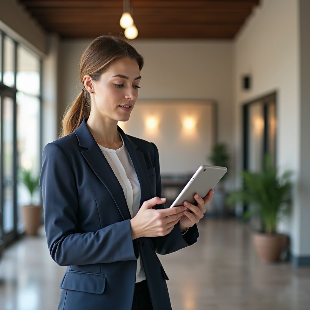 Woman in a navy suit uses a tablet in a bright hallway with potted plants and natural light.