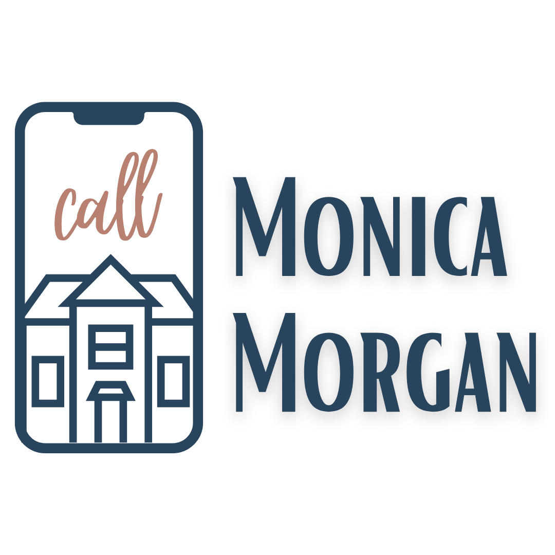 The logo for monica morgan shows a cell phone with a house on it.