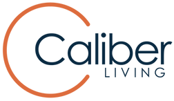 The caliber living logo is blue and orange on a white background.