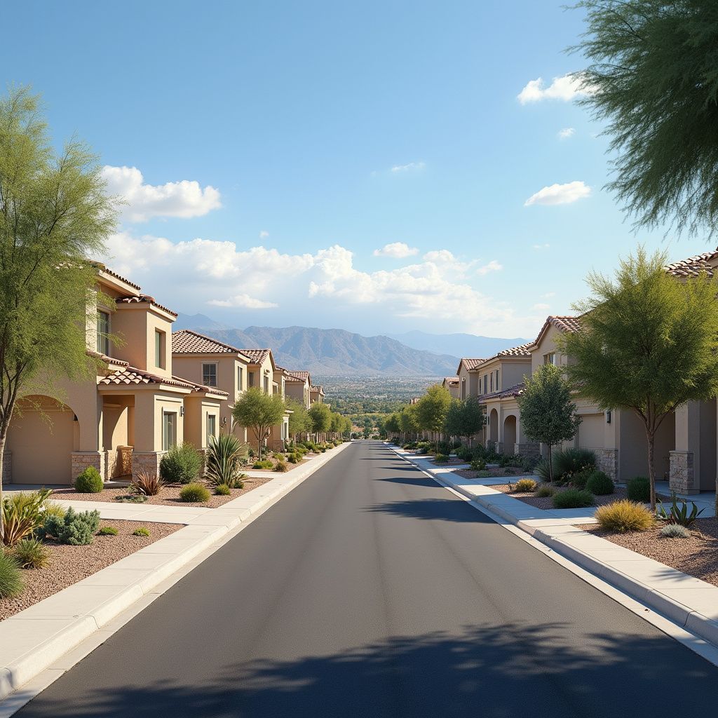 Residential street lined with houses, mountains in the distance under a blue sky.
