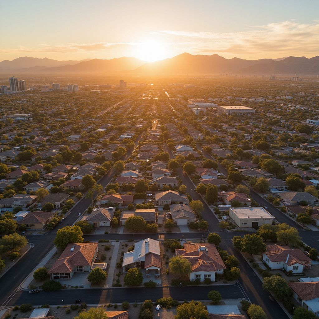 Suburban neighborhood at sunset; houses with brown roofs, streets, and mountains in the distance.