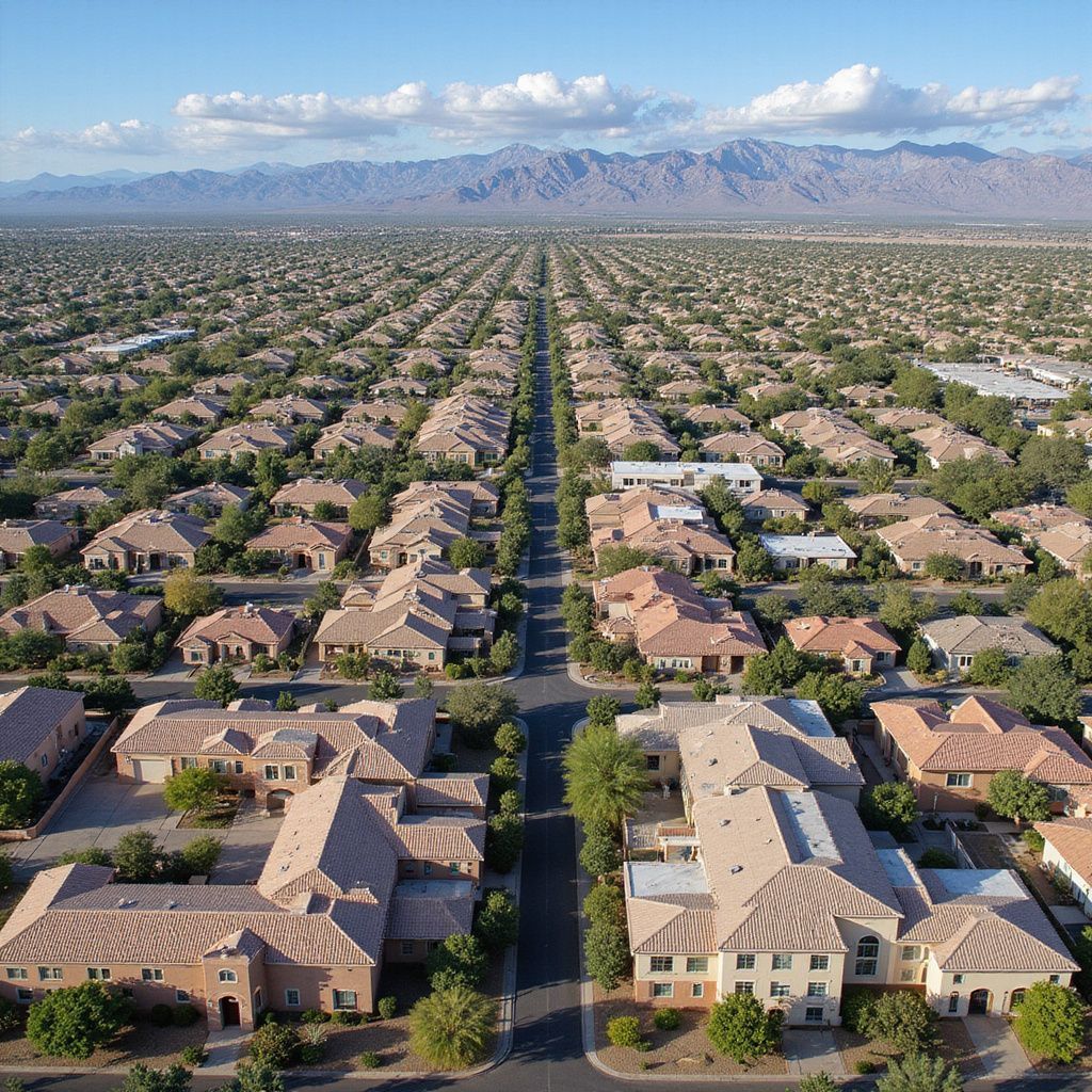 Aerial view of a sprawling residential neighborhood with rows of houses and mountains in the background.