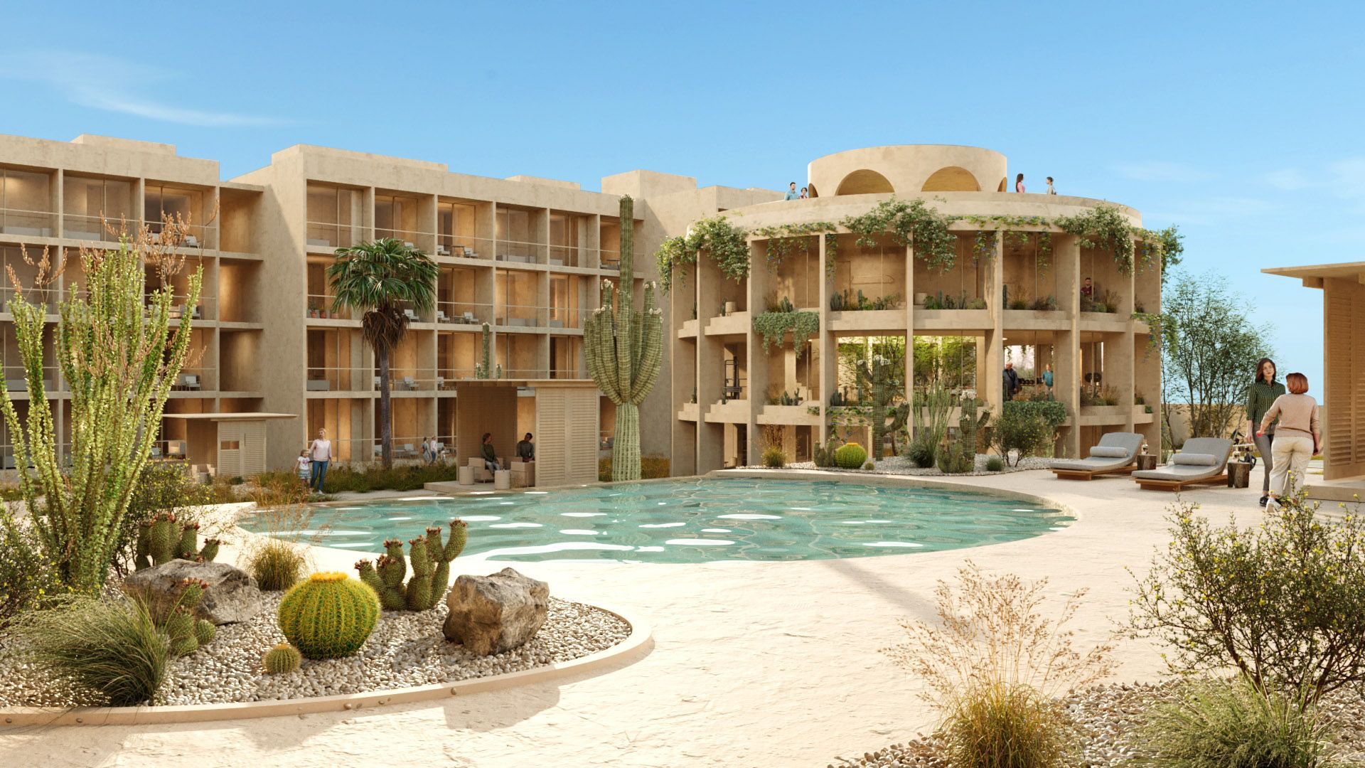 Hotel exterior with pool, desert landscaping, tan stucco buildings, and clear blue sky.