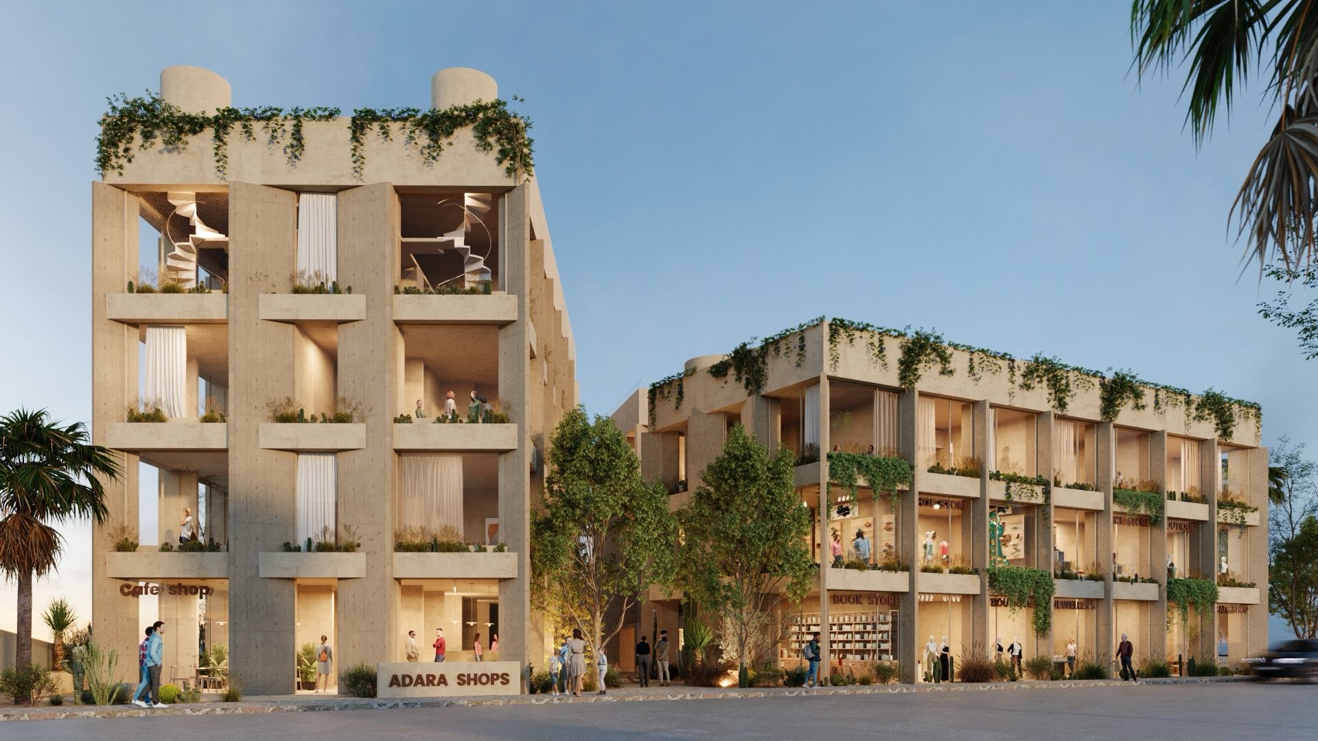 Modern beige buildings with open balconies, adorned with greenery. Sunny day, people walking.