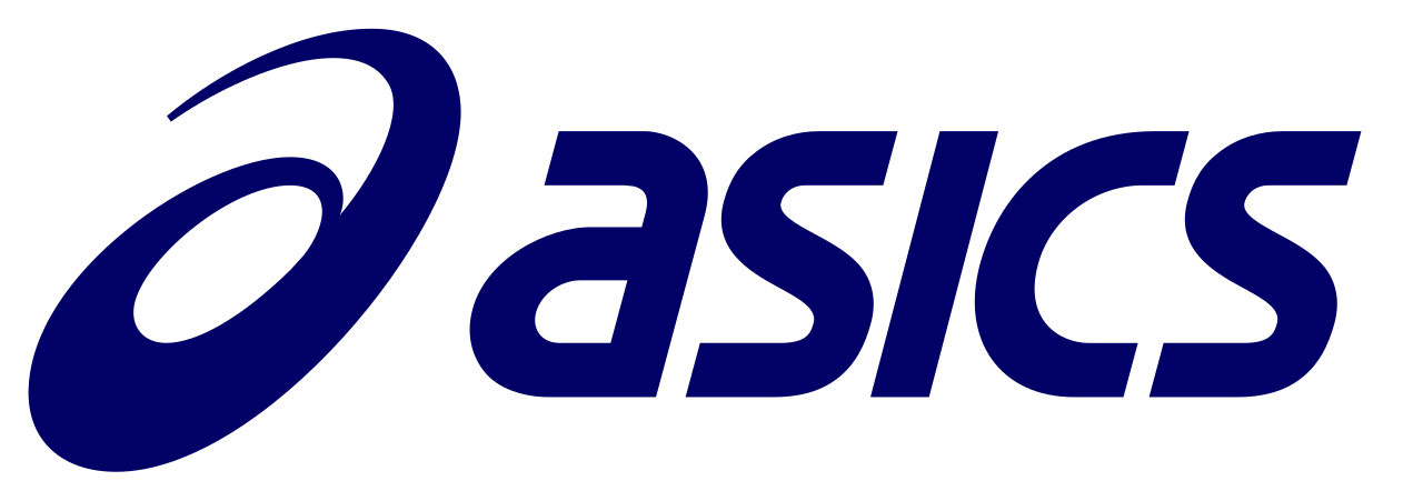 Blue ASICS logo with stylized oval emblem and wordmark on a white background