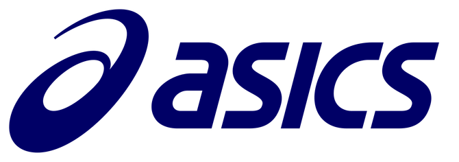 Blue ASICS logo with stylized oval emblem and wordmark on a white background