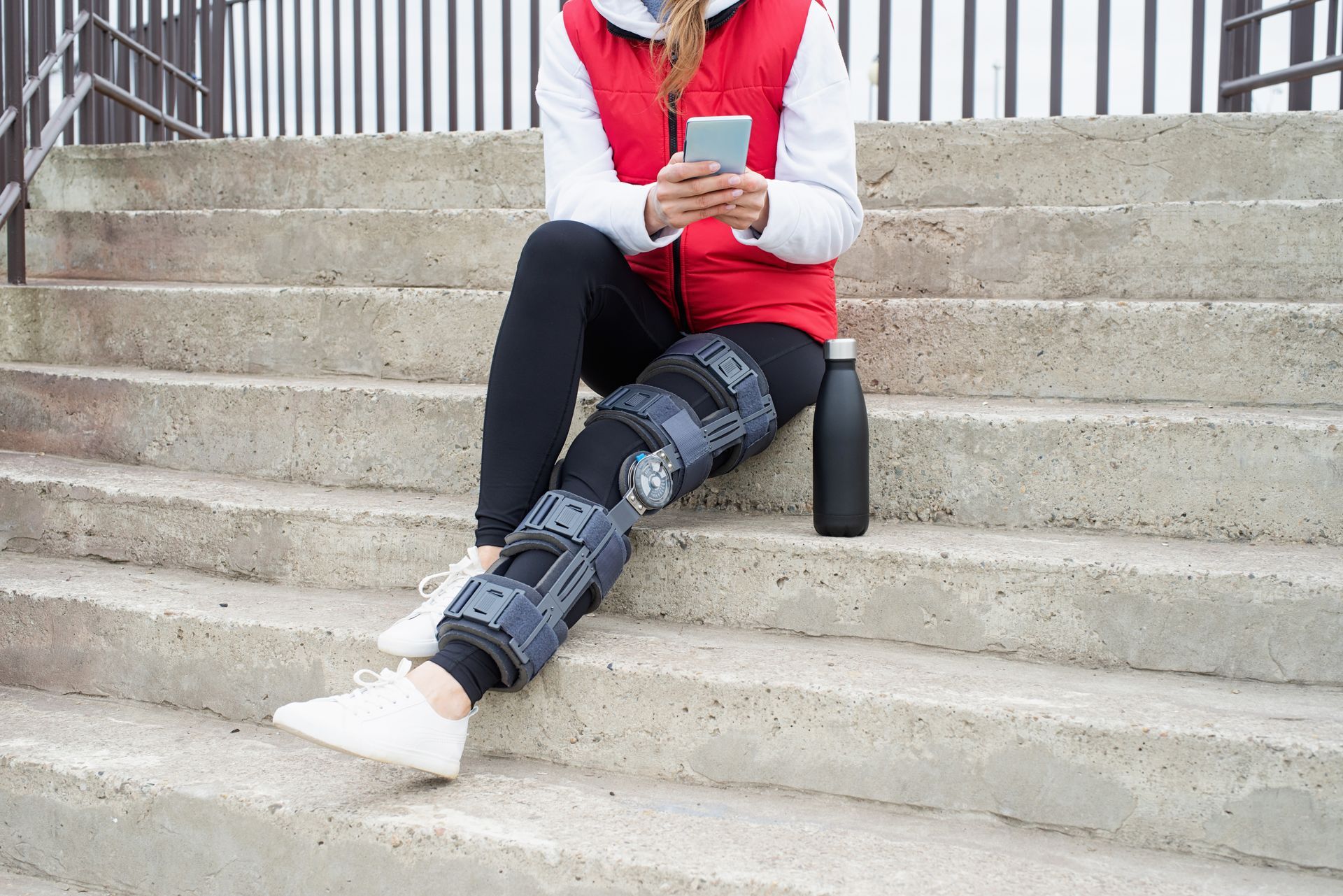 A woman with a knee brace is sitting on the stairs using a cell phone.