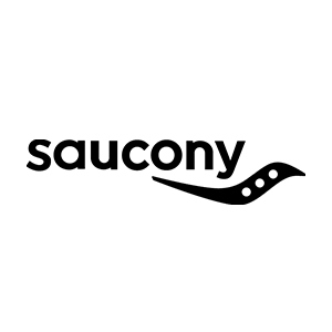 A black and white logo for saucony on a white background.