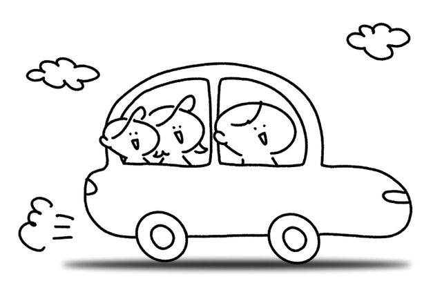 Cartoon car with two smiling passengers driving a car | Groff's Automotive Co.