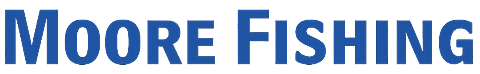 The logo for moore fishing is blue on a white background.