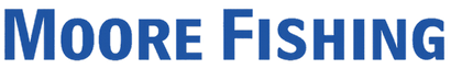 The logo for moore fishing is blue on a white background.