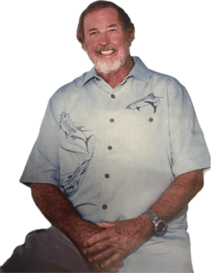 A man wearing a shirt with a fish on it