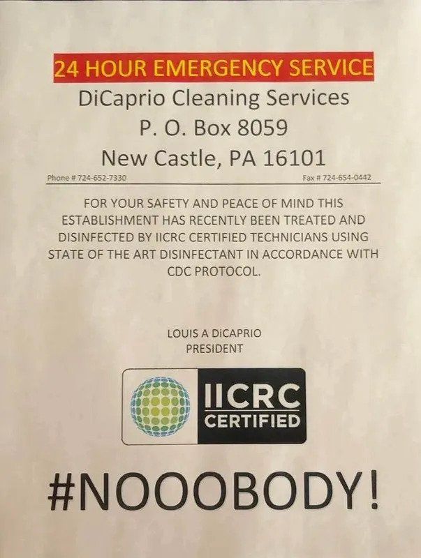 Sign for DiCaprio Cleaning Services: announces 24-hour emergency service, certified disinfection, and a hashtag: #NOOOBODY!.