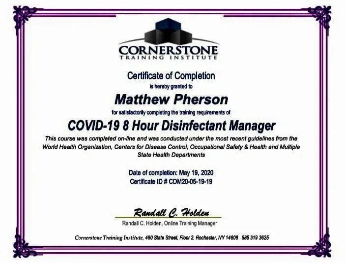 Certificate for Matthew Pherson for completing the COVID-19 8-Hour Disinfectant Manager course. May 19, 2026.