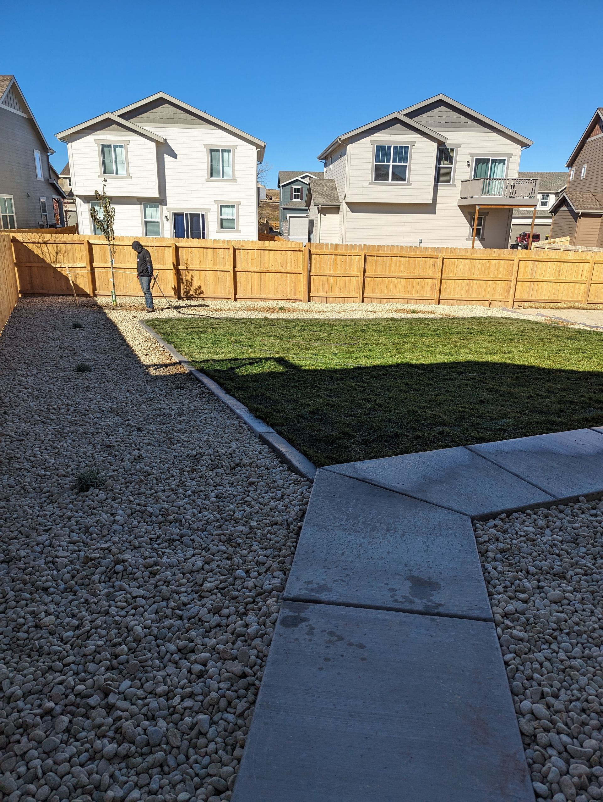 A backyard with a wooden fence and a walkway leading to it.