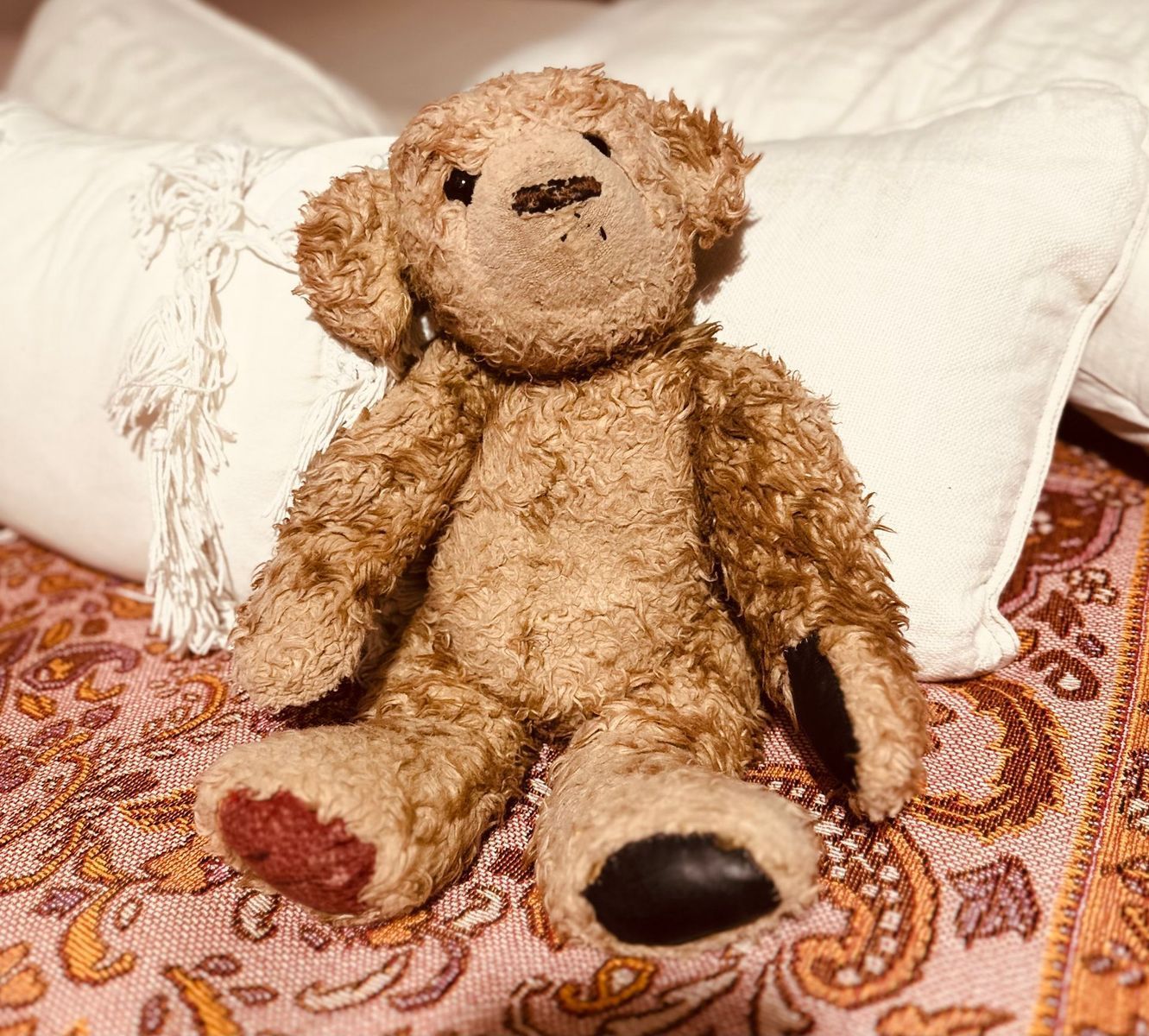 Brown teddy bear sitting on a patterned fabric with pillows in the background.
