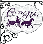 A purple sign with a horse drawn carriage on it.