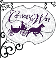 A purple sign with a horse drawn carriage on it.