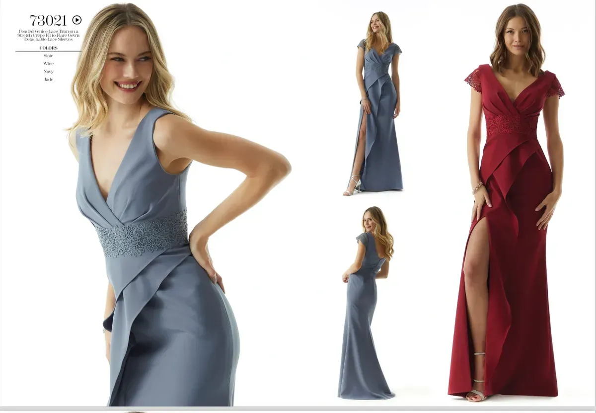 A woman is wearing a blue dress and a red dress