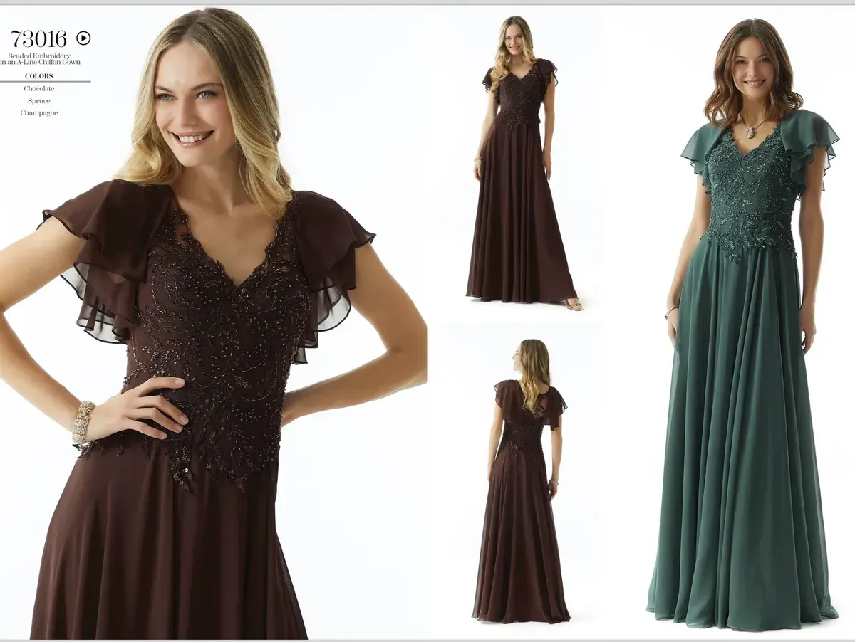 A woman is wearing a long dress with ruffled sleeves and a v-neck.