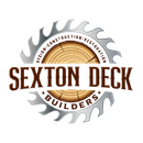 Logo for Sexton Deck Builders: saw blade framing a wood grain core with company name.