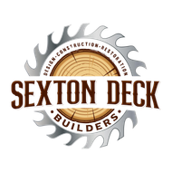 Logo for Sexton Deck Builders: saw blade framing a wood grain core with company name.