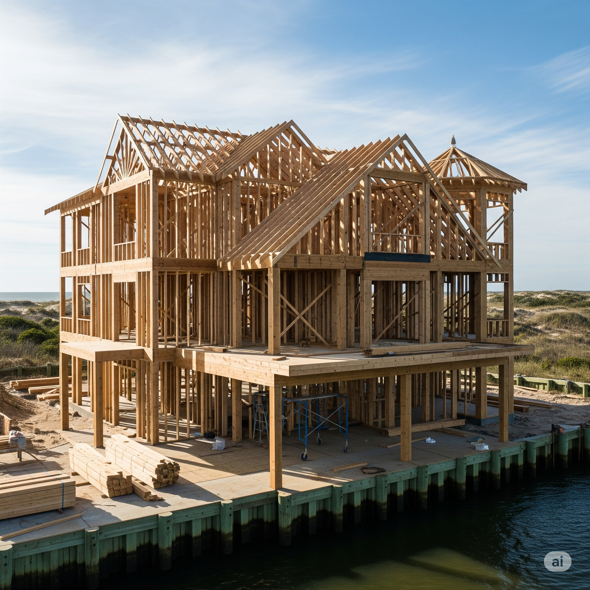 An unfinished attic interior with wooden rafters, insulation covering the floor, and a wooden walkway frame.