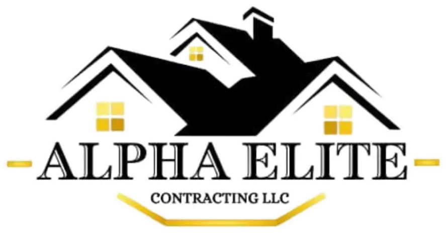 Logo for Alpha Elite Contracting LLC featuring a black house illustration with gold windows, centered text, and gold accents.