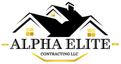 Logo for Alpha Elite Contracting LLC featuring a black house illustration with gold windows, centered text, and gold accents.
