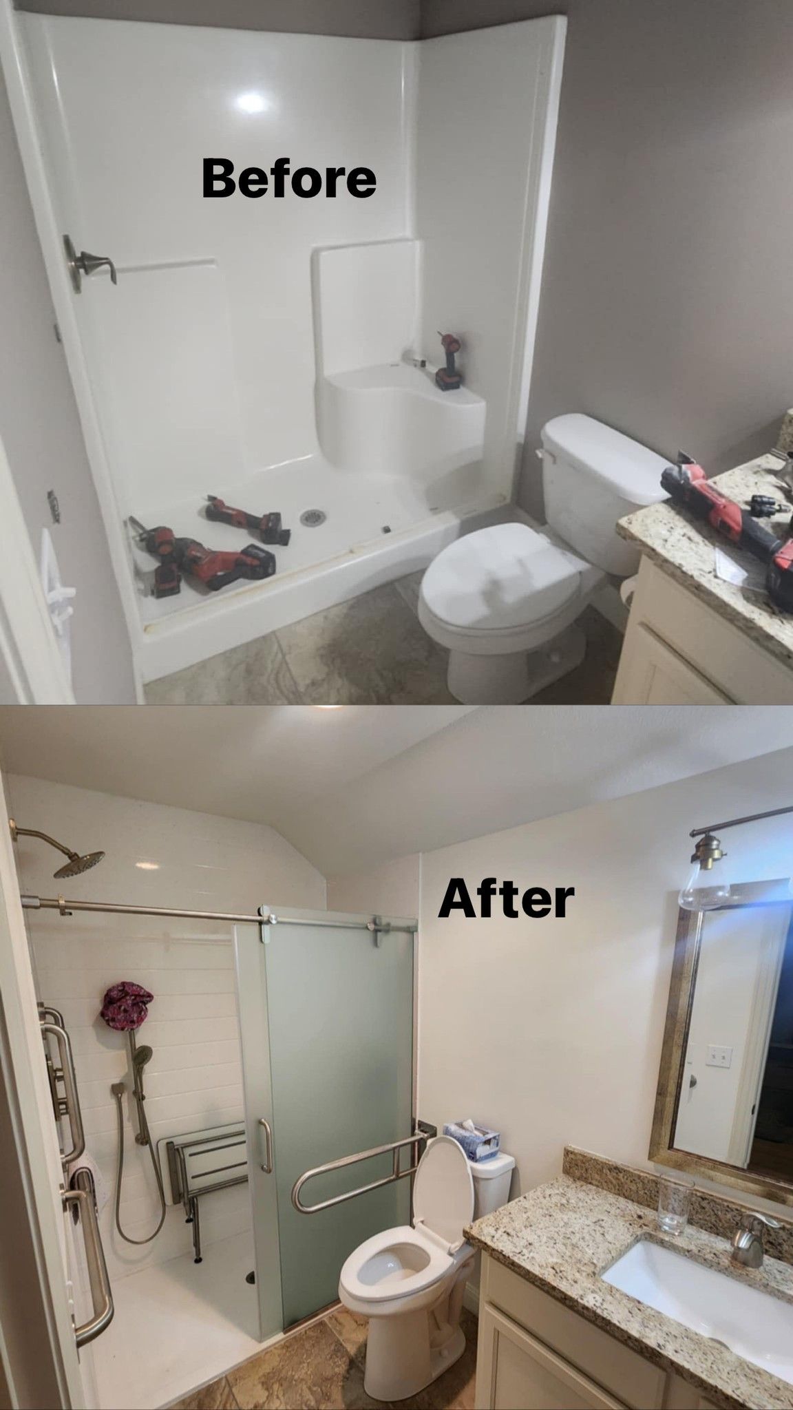 Before and after comparison of a bathroom renovation adding a sliding shower door, grab bars, and an accessible seat.