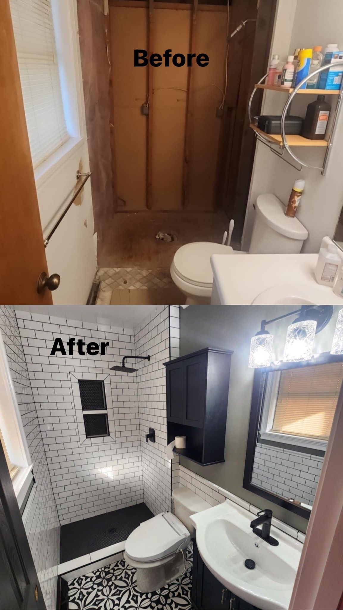 Split view showing a bathroom before and after renovation, featuring new subway tile, a dark vanity, and updated fixtures.